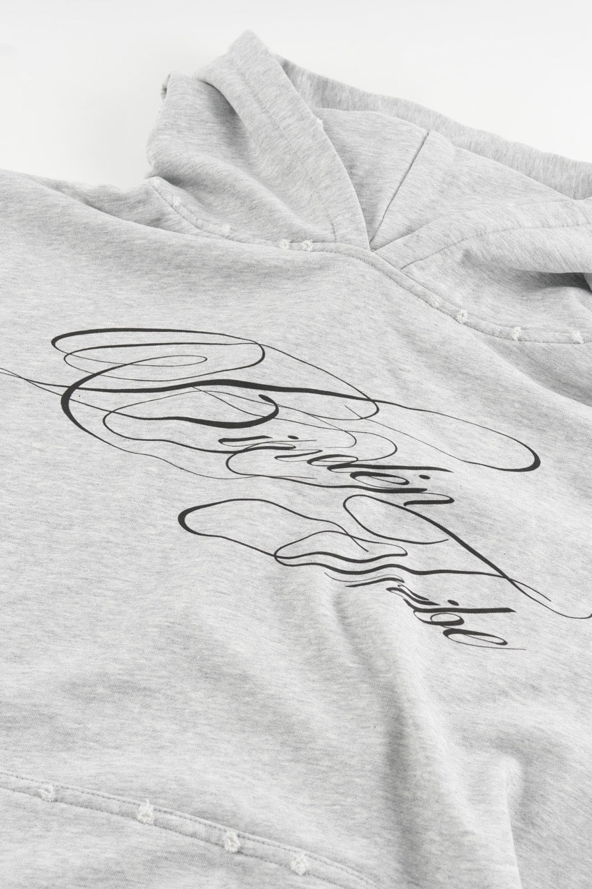 Men's grey hoodie with black script graphic, hood and kangaroo pocket