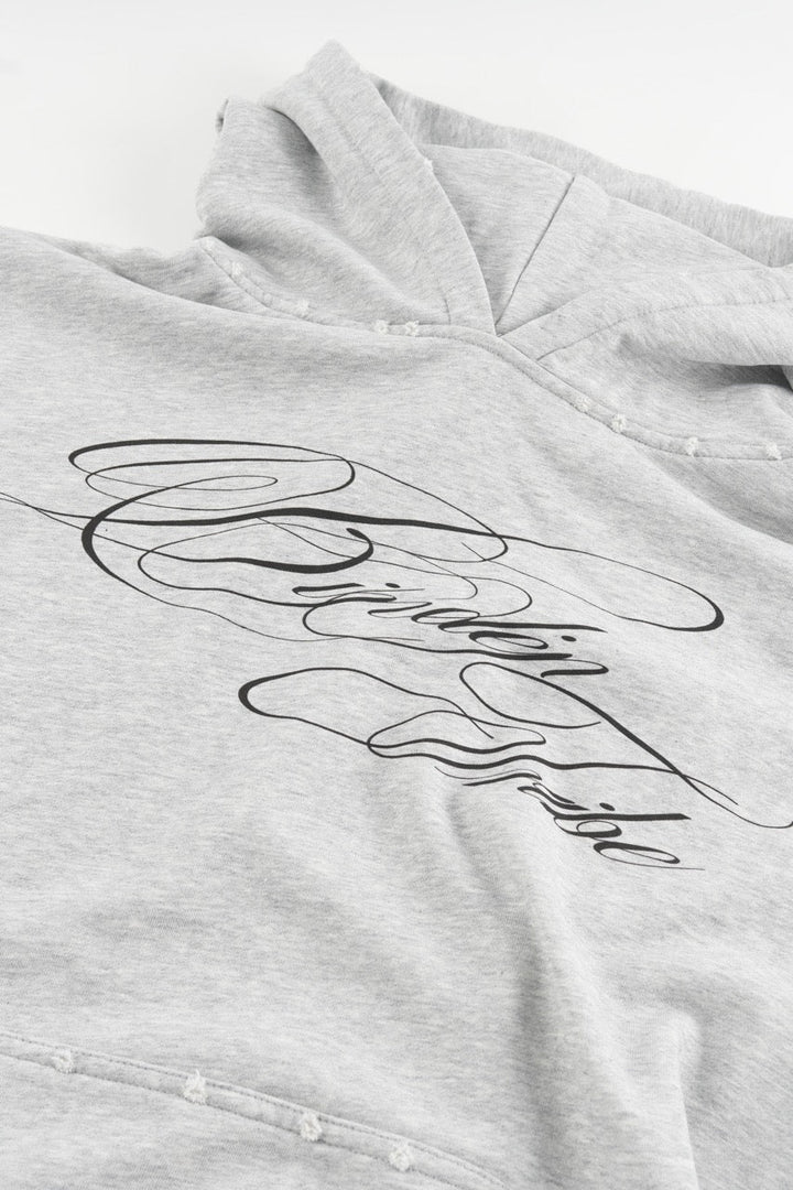 Men's grey hoodie with black script graphic, hood and kangaroo pocket