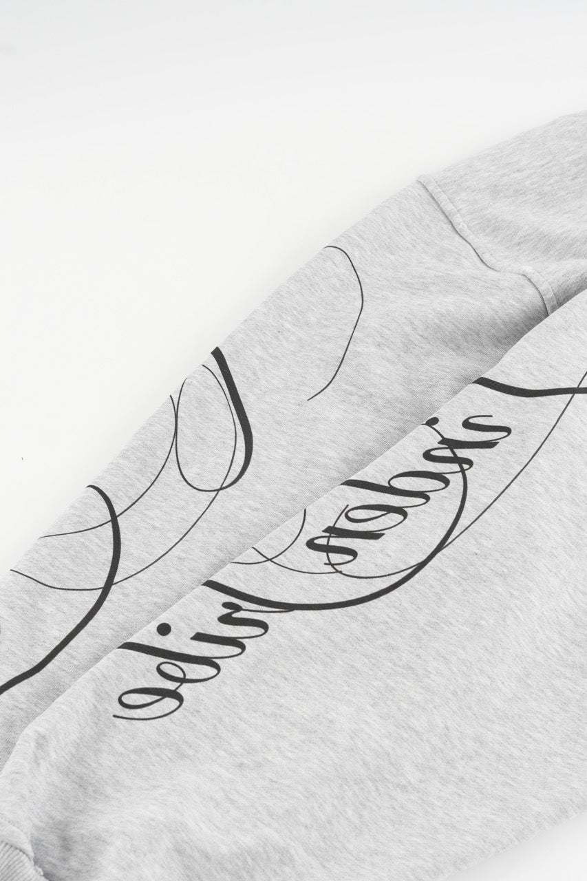 Men's grey hoodie with black script graphic, hood and kangaroo pocket