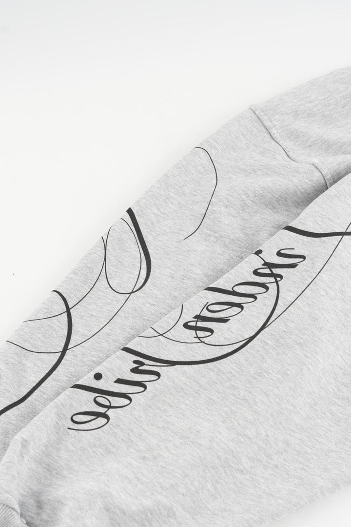 Men's grey hoodie with black script graphic, hood and kangaroo pocket