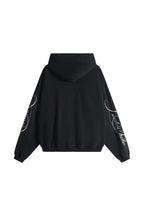 Black men's hoodie with white script chest and sleeve graphics