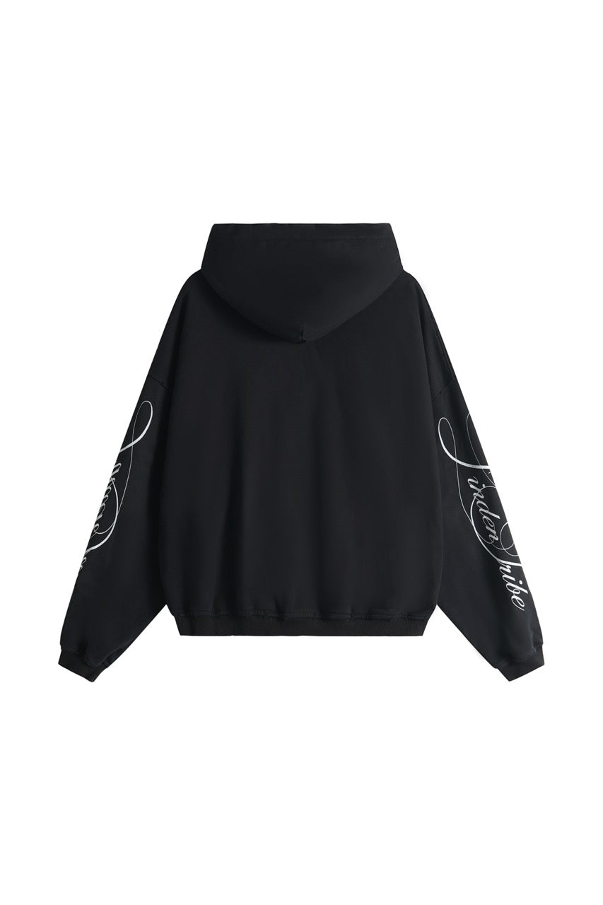 Black men's hoodie with white script chest and sleeve graphics