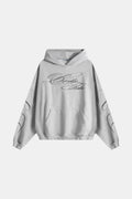 Men's grey hoodie with black script graphic, hood and kangaroo pocket