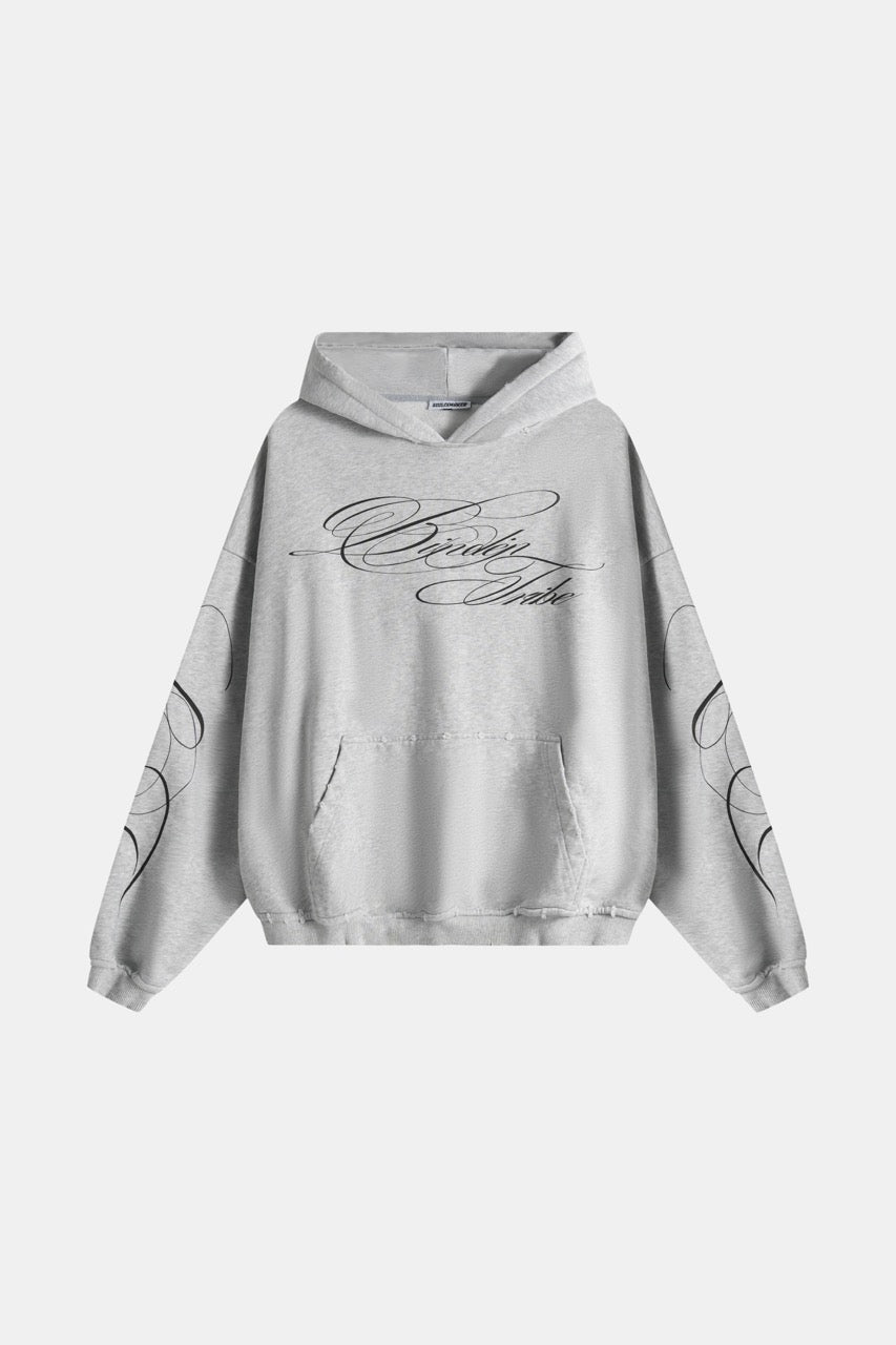 Men's grey hoodie with black script graphic, hood and kangaroo pocket