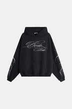 Black men's hoodie with white script chest and sleeve graphics