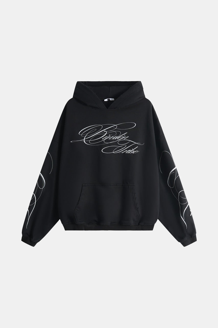 Black men's hoodie with white script chest and sleeve graphics