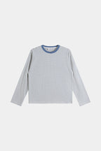 Blue and white striped long-sleeve crew-neck shirt