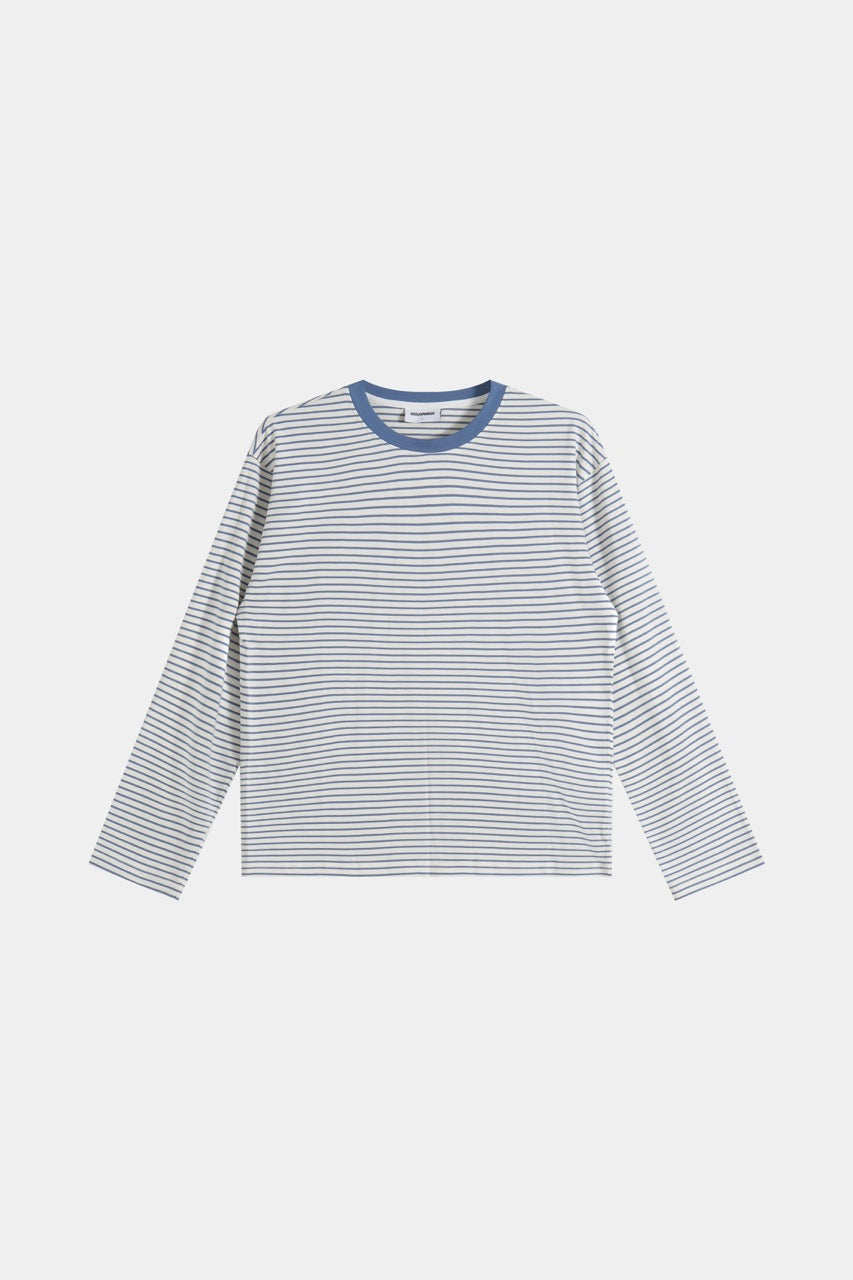Blue and white striped long-sleeve crew-neck shirt
