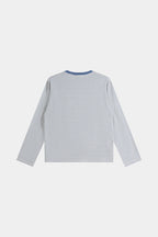 Blue and white striped long-sleeve crew-neck shirt