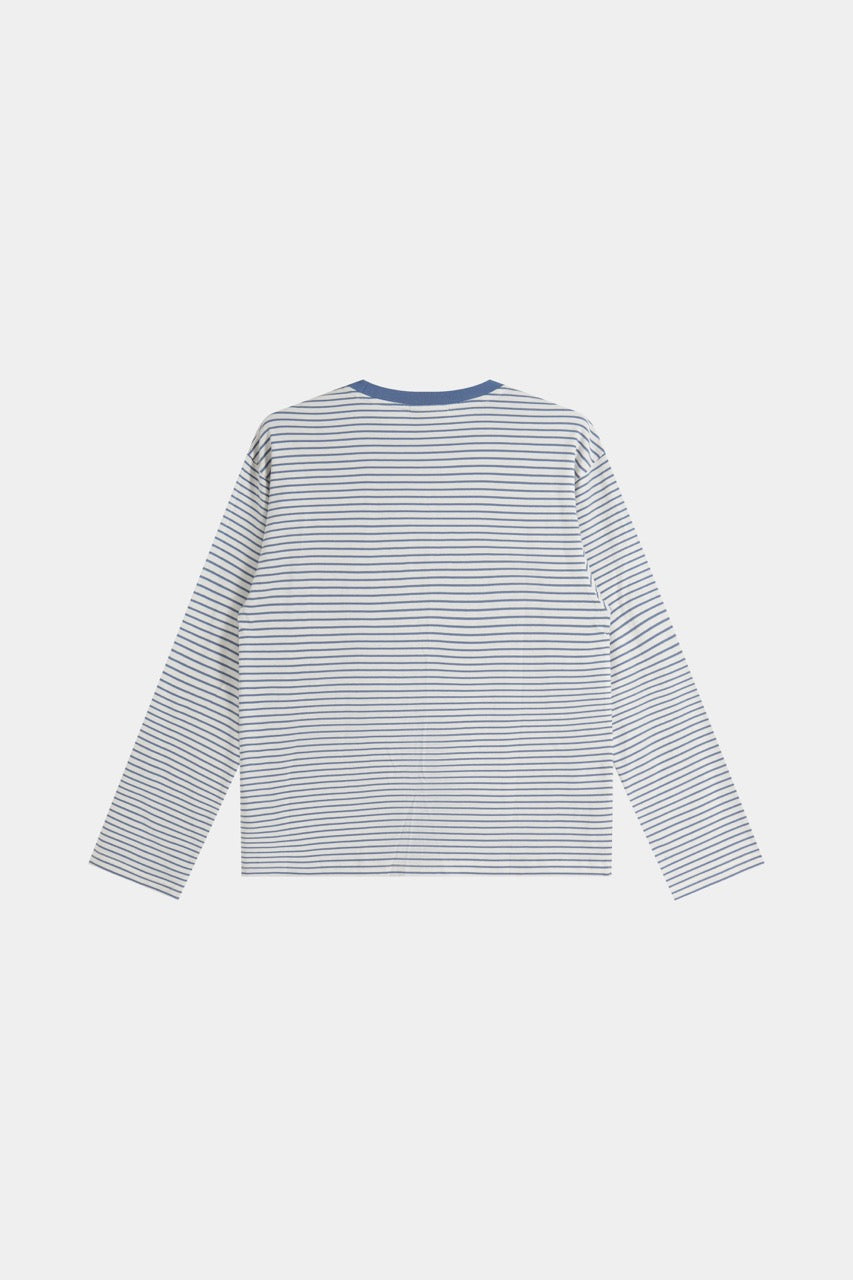 Blue and white striped long-sleeve crew-neck shirt