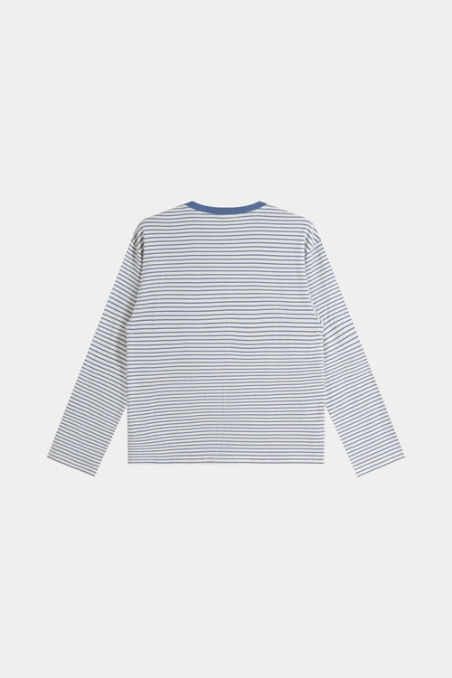 Blue and white striped long-sleeve crew-neck shirt