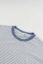 Blue and white striped long-sleeve crew-neck shirt