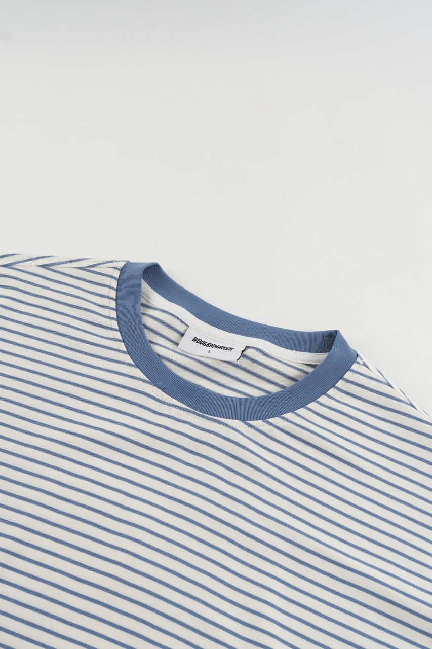 Blue and white striped long-sleeve crew-neck shirt