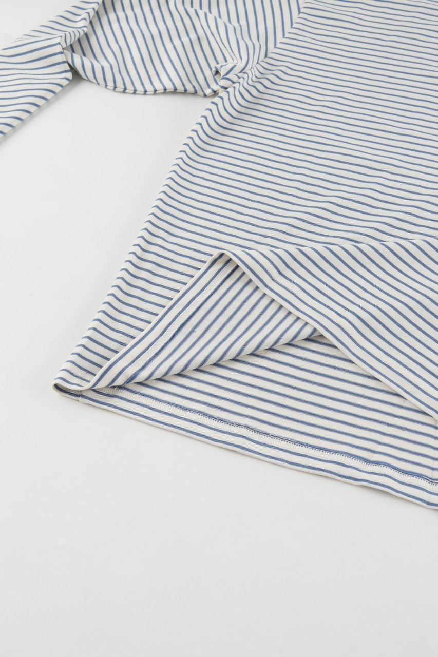 Blue and white striped long-sleeve crew-neck shirt