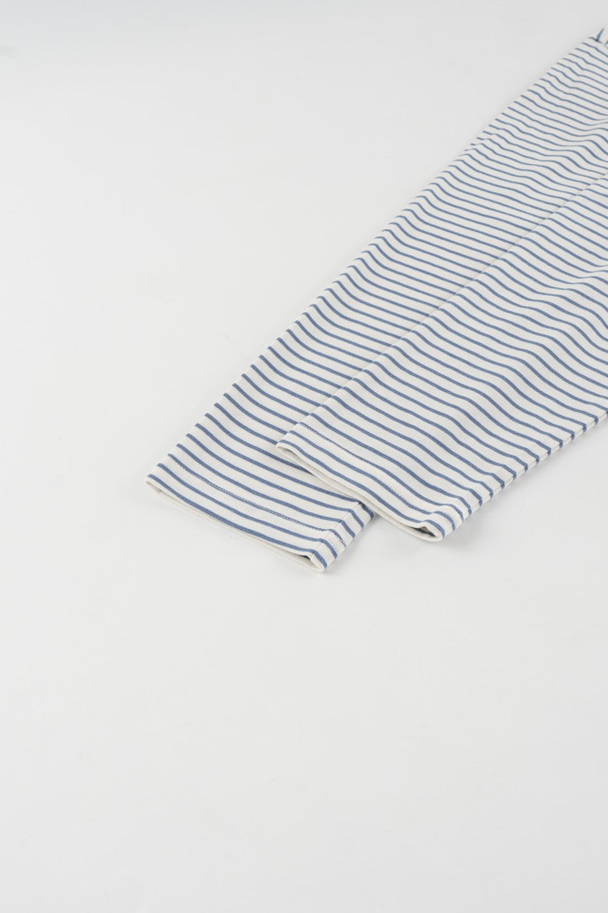 Blue and white striped long-sleeve crew-neck shirt