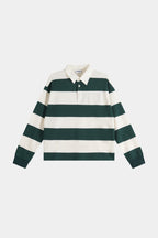 Green and cream striped rugby sweatshirt with collar
