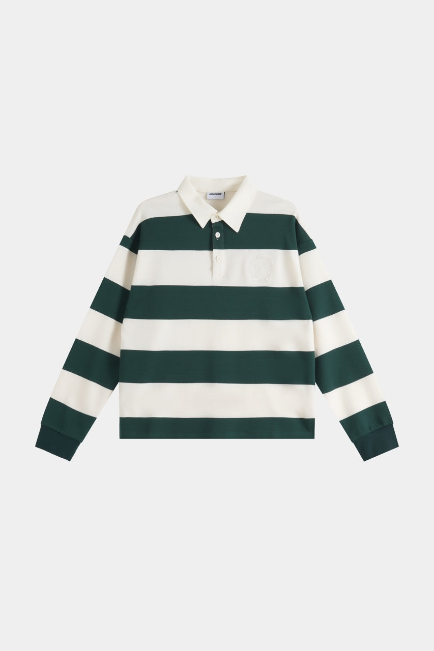 Green and cream striped rugby sweatshirt with collar