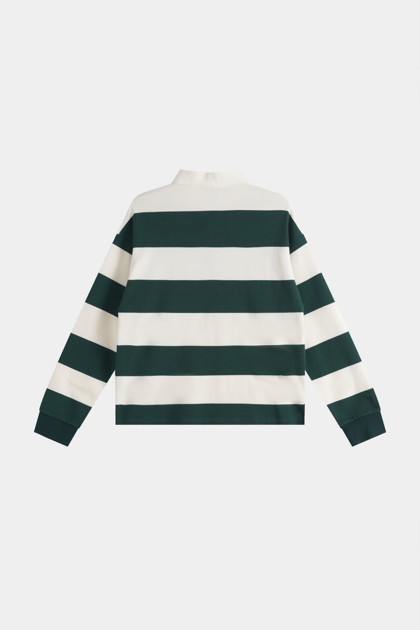 Green and cream striped rugby sweatshirt with collar