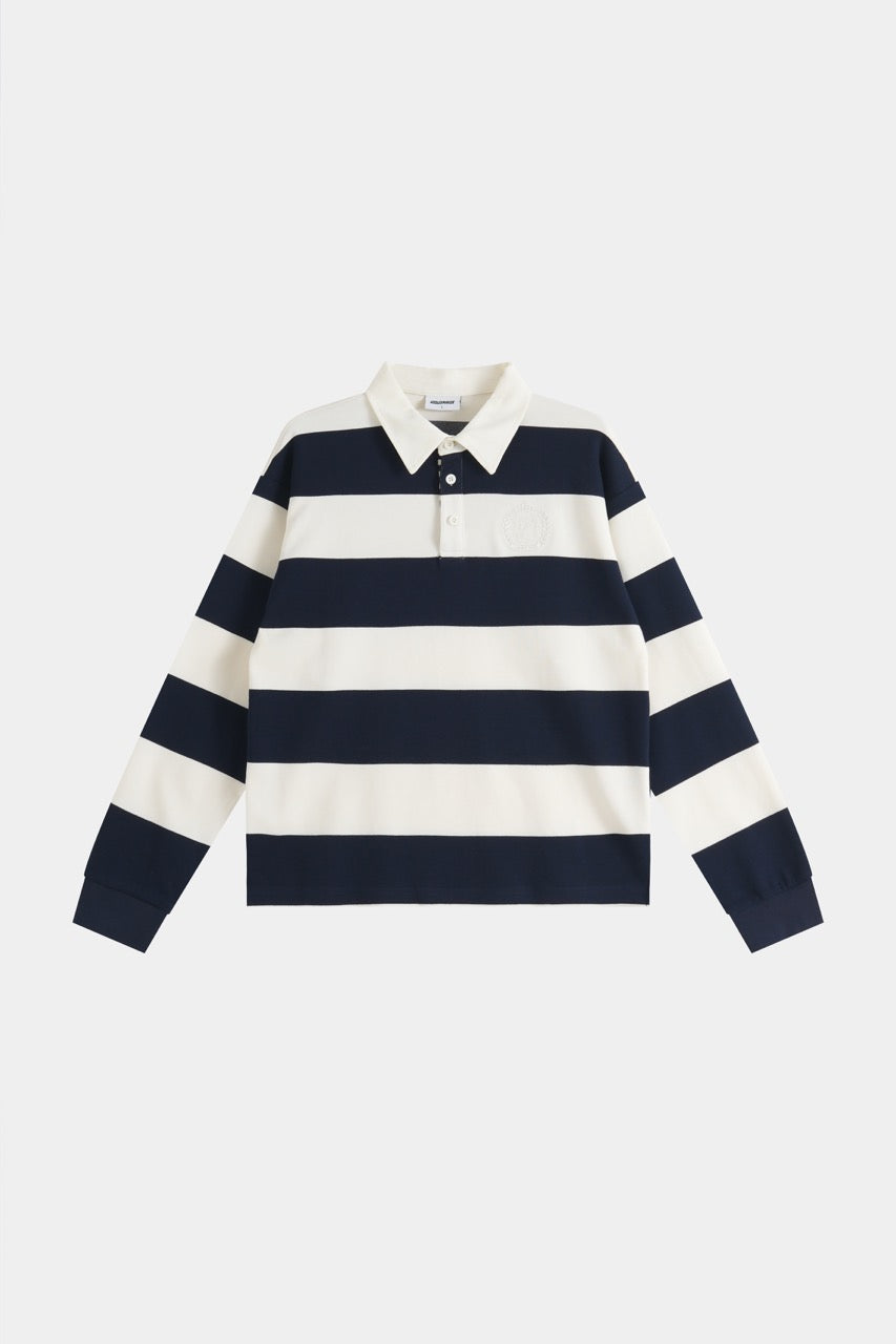 Navy and cream striped men's sweatshirt with polo collar