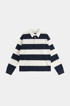 Navy and cream striped men's sweatshirt with polo collar