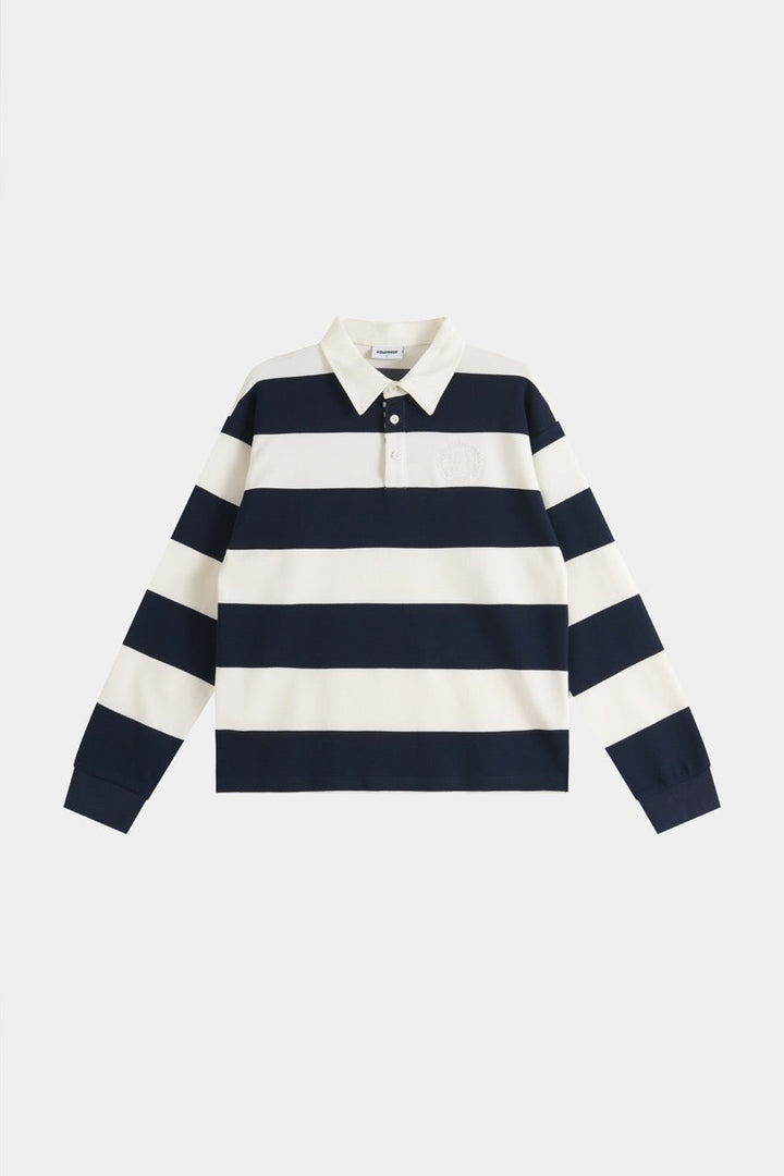Navy and cream striped men's sweatshirt with polo collar