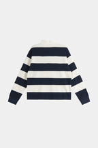 Navy and cream striped men's sweatshirt with polo collar