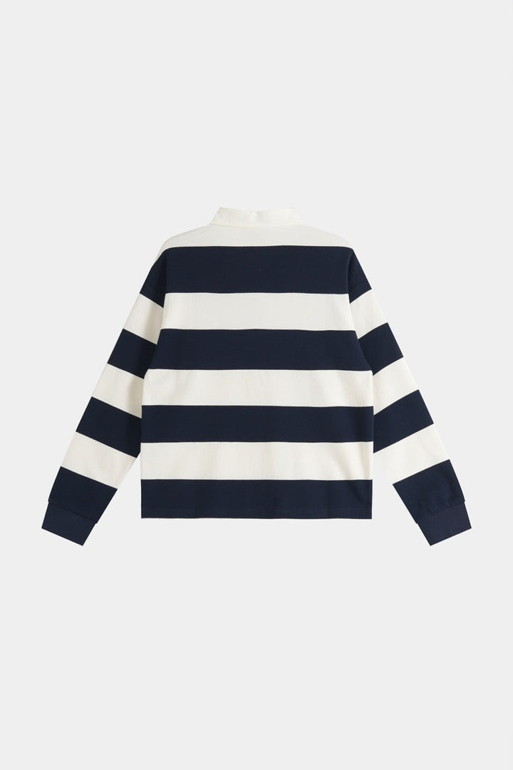 Navy and cream striped men's sweatshirt with polo collar