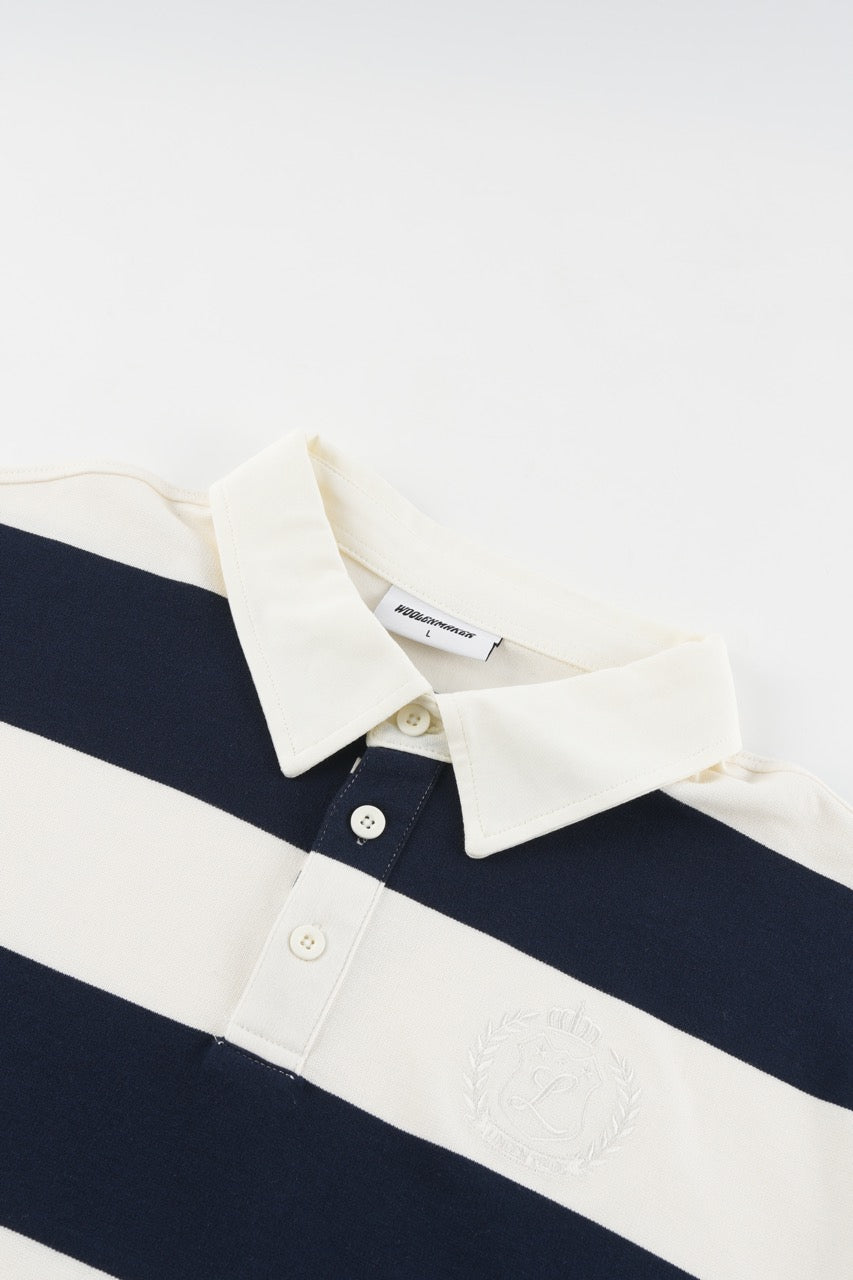 Navy and cream striped men's sweatshirt with polo collar