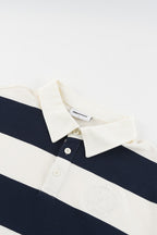 Navy and cream striped men's sweatshirt with polo collar