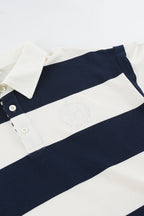Navy and cream striped men's sweatshirt with polo collar