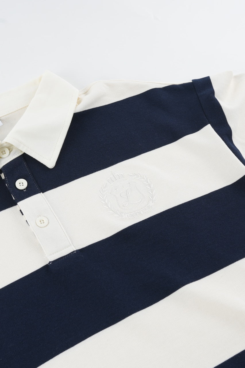 Navy and cream striped men's sweatshirt with polo collar