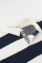 Navy and cream striped men's sweatshirt with polo collar
