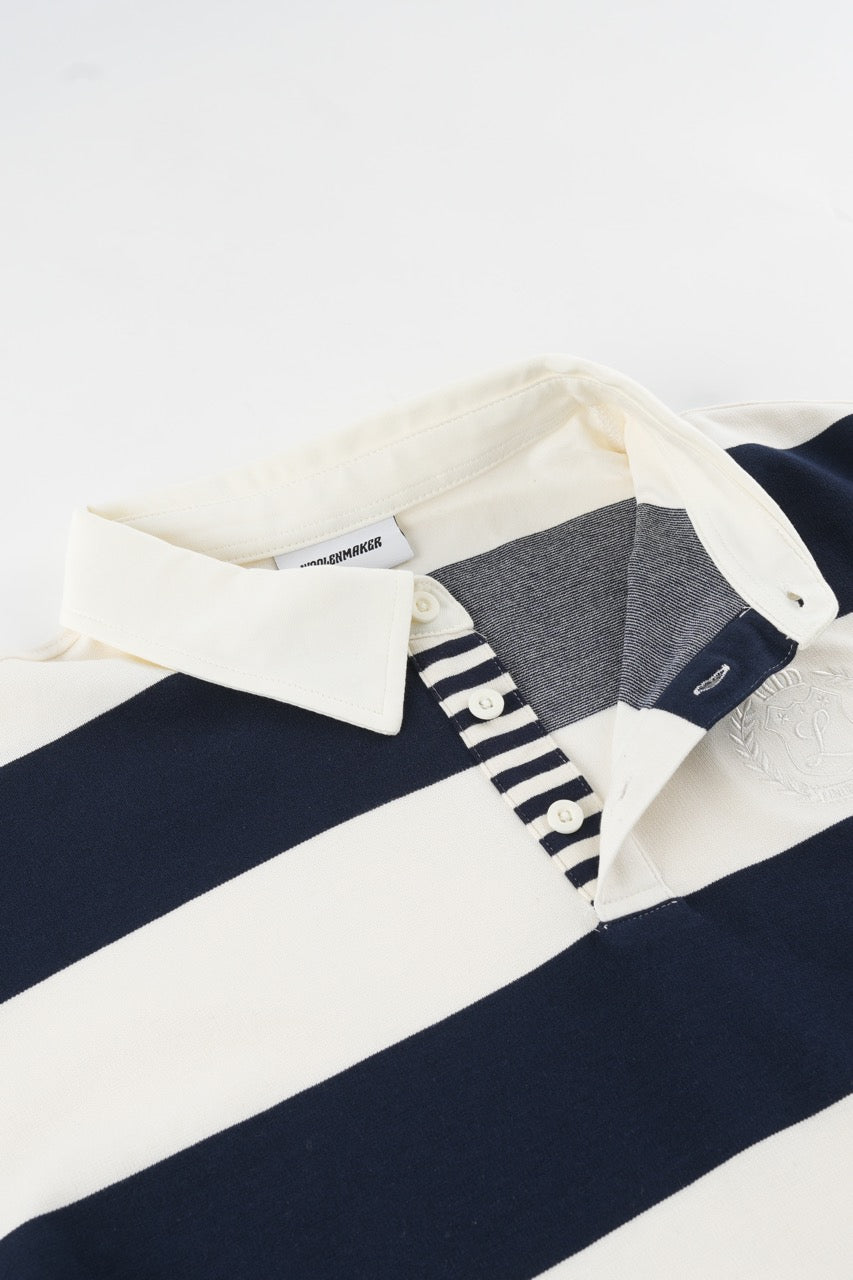 Navy and cream striped men's sweatshirt with polo collar