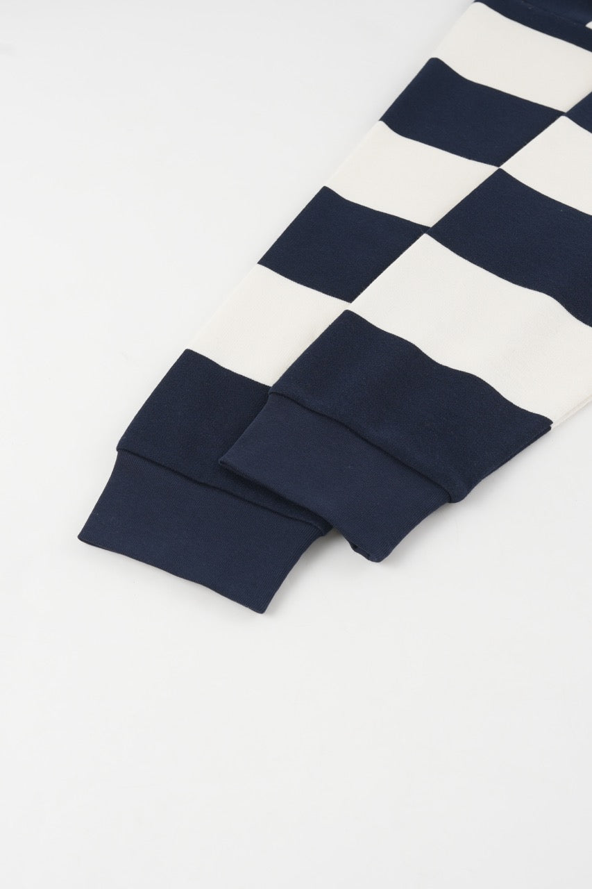 Navy and cream striped men's sweatshirt with polo collar
