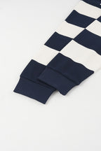 Navy and cream striped men's sweatshirt with polo collar