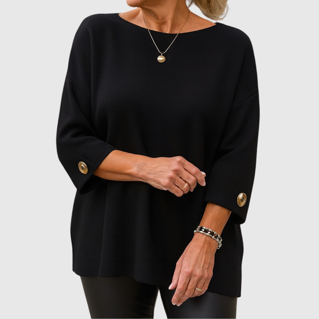 Women's round-neck sweater with three-quarter sleeves and button cuffs