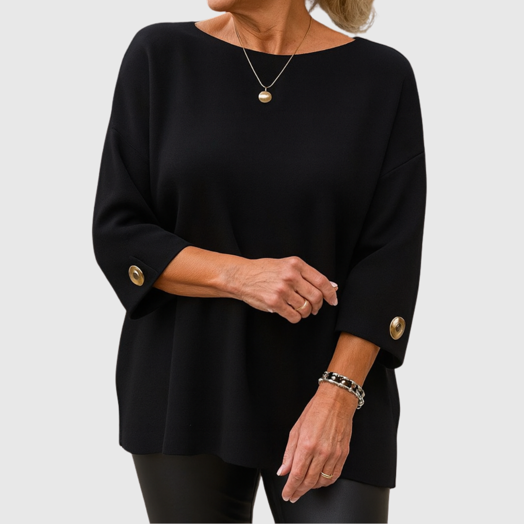 Women's round-neck sweater with three-quarter sleeves and button cuffs