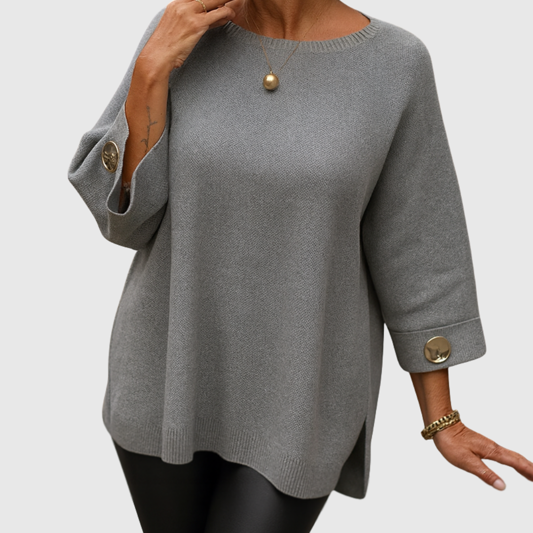 Women's round-neck sweater with three-quarter sleeves and button cuffs