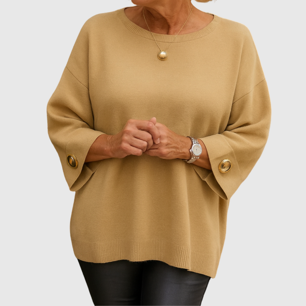 Women's round-neck sweater with three-quarter sleeves and button cuffs