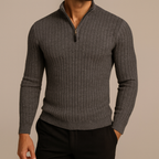 Men's ribbed half-zip sweater with high collar and long sleeves