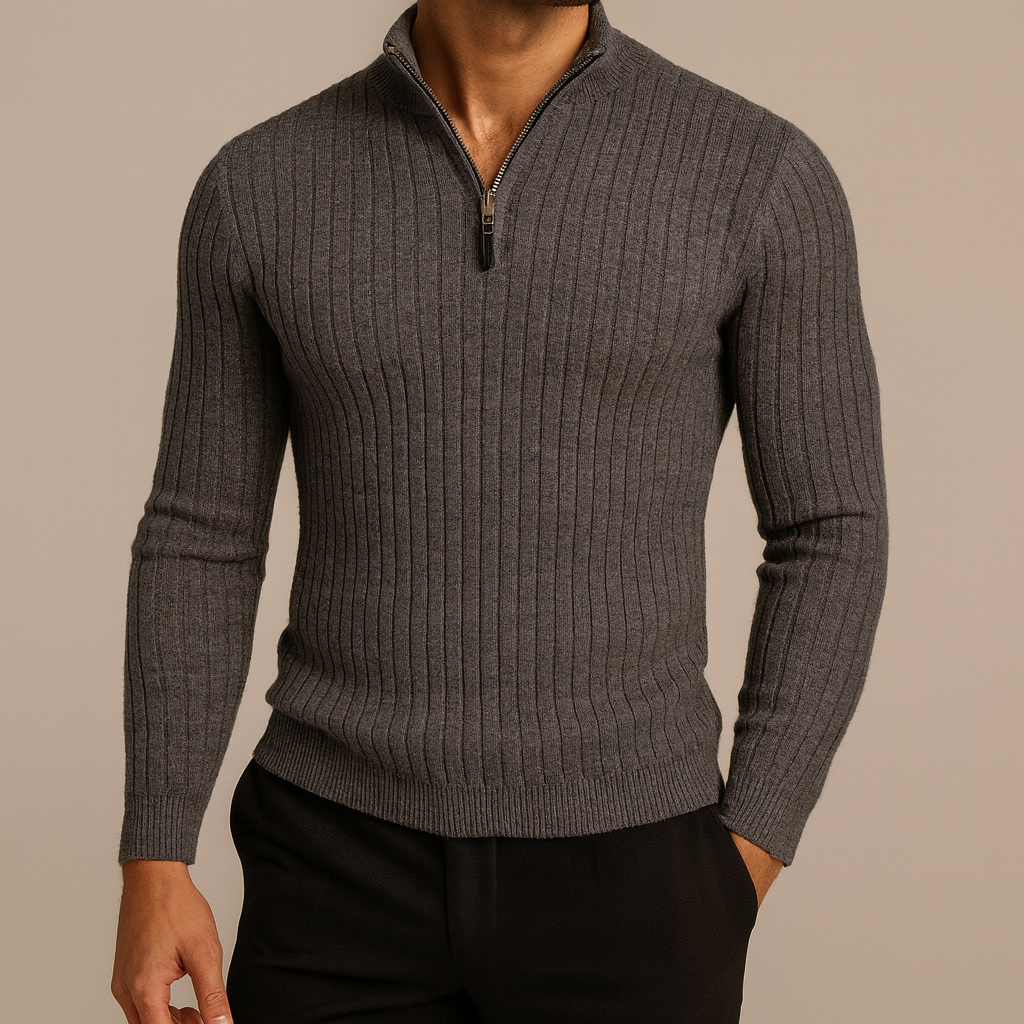 Men's ribbed half-zip sweater with high collar and long sleeves