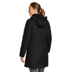 Women's black hooded trench coat with long sleeves and zipped pockets