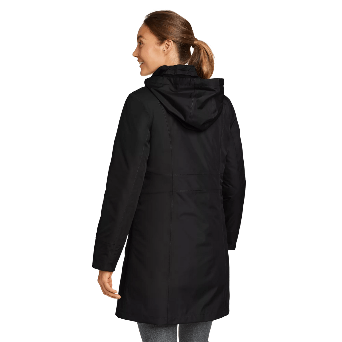 Women's black hooded trench coat with long sleeves and zipped pockets