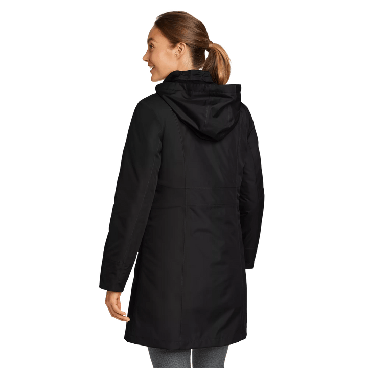 Women's black hooded trench coat with long sleeves and zipped pockets