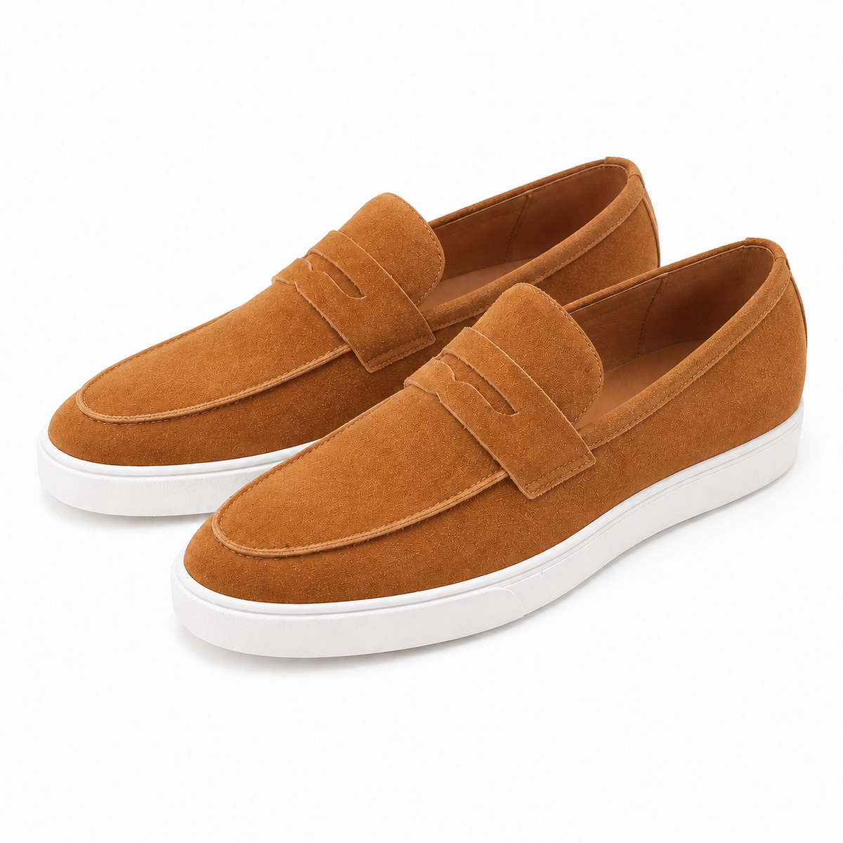 Men's penny loafers with moc toes, strap detail and white flat soles