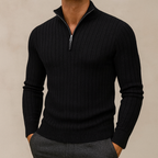 Men's ribbed half-zip sweater with high collar and long sleeves