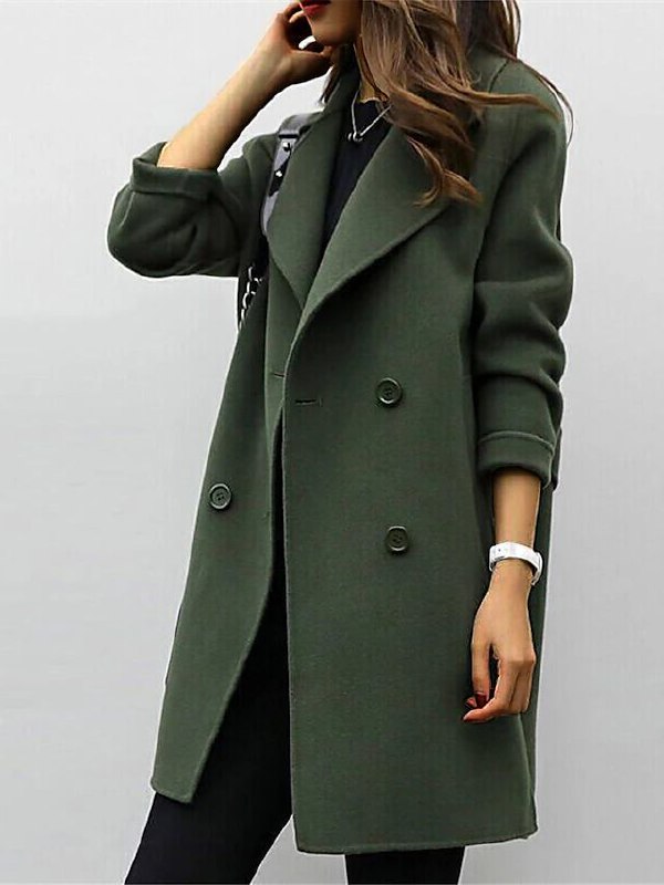 Women's long double-breasted coat with lapel collar and long sleeves