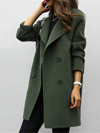 Women's long double-breasted coat with lapel collar and long sleeves