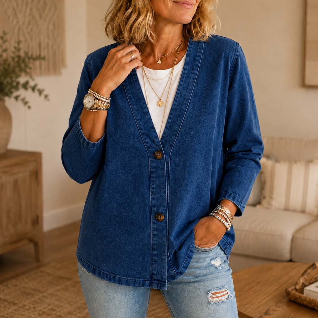 Women's collarless button-down cardigan with long sleeves and hip-length cut