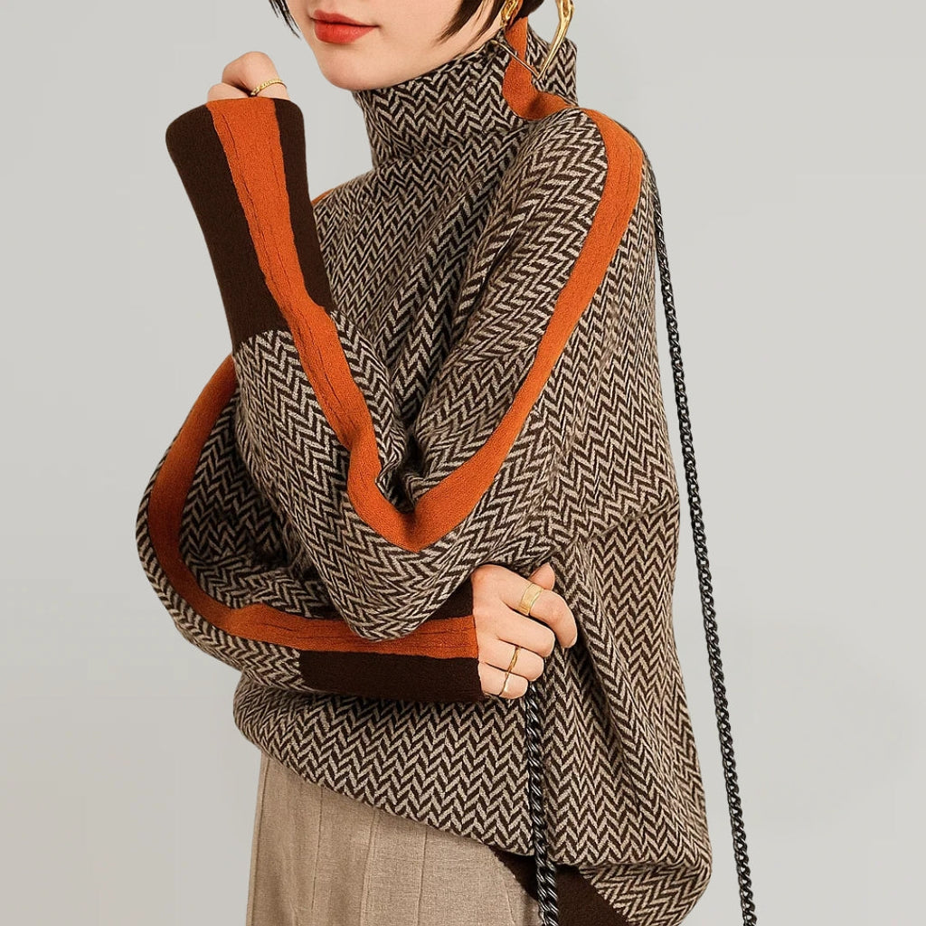 Women's high-neck chevron sweater with contrast sleeve panels